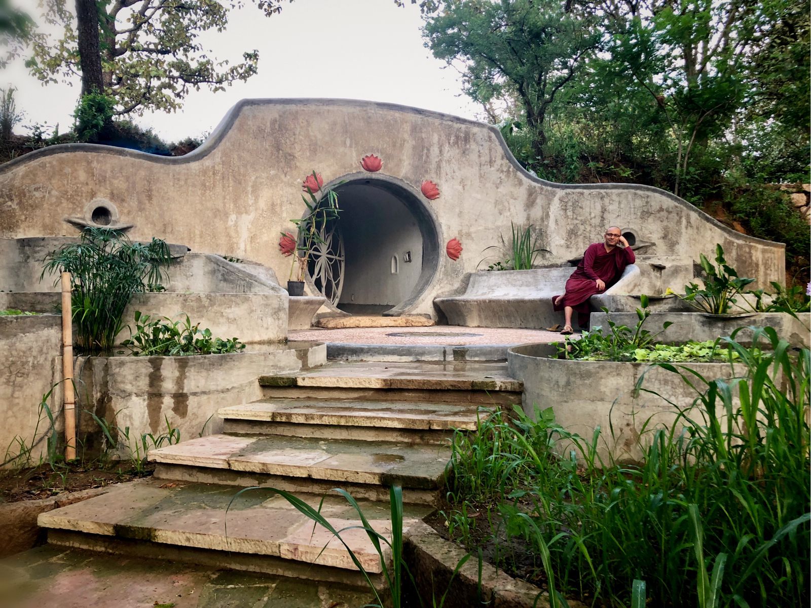 Bhante Rāhula at entrance tunnel of Paññābhūmi Buddhist Monastery Mexico