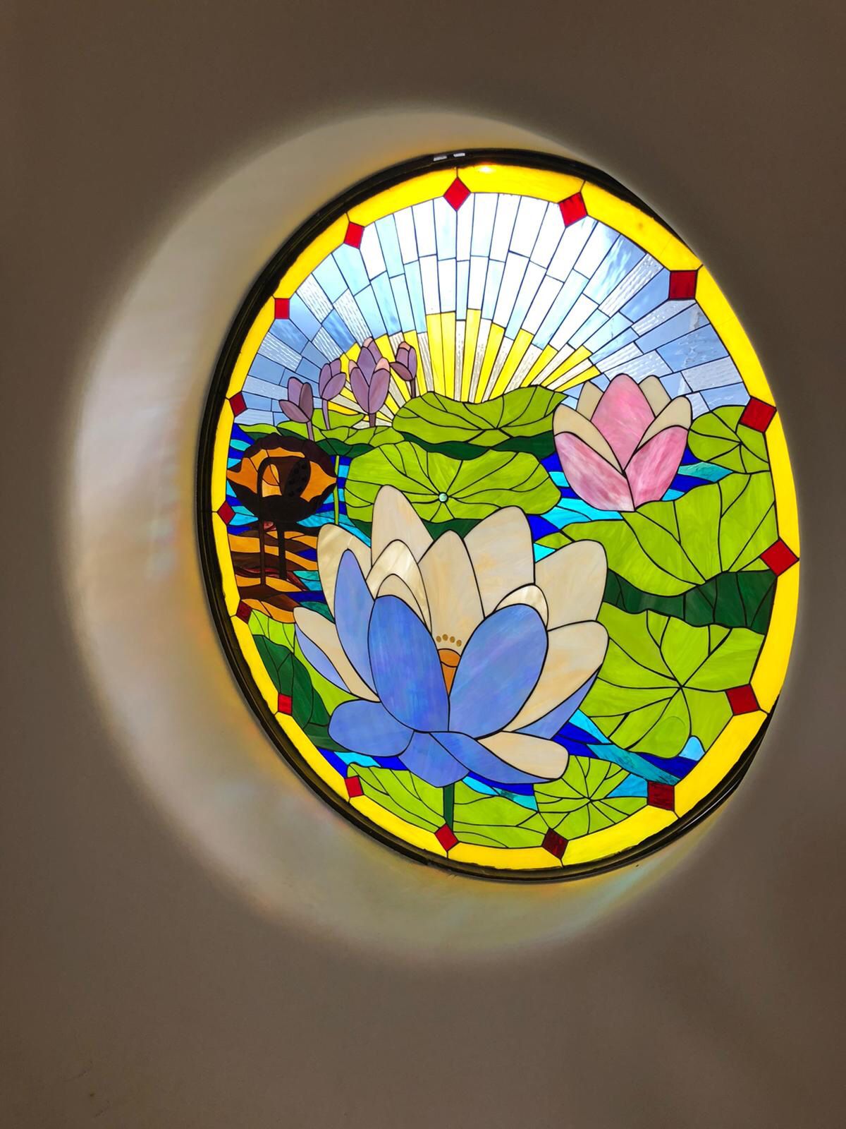 Lotus stained glass artwork at Paññābhūmi Buddhist Monastery Mexico